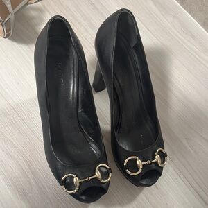 Gucci Black Peep Toe Heels with Gold Accents